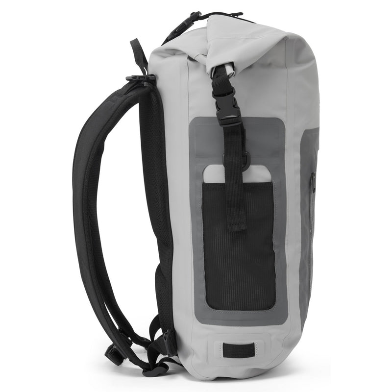 side view of grey backpack 