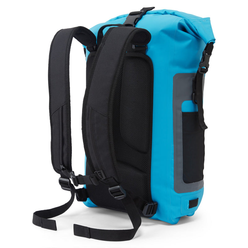 angled view of blue backpack showing back strap and side pocket for water bottle