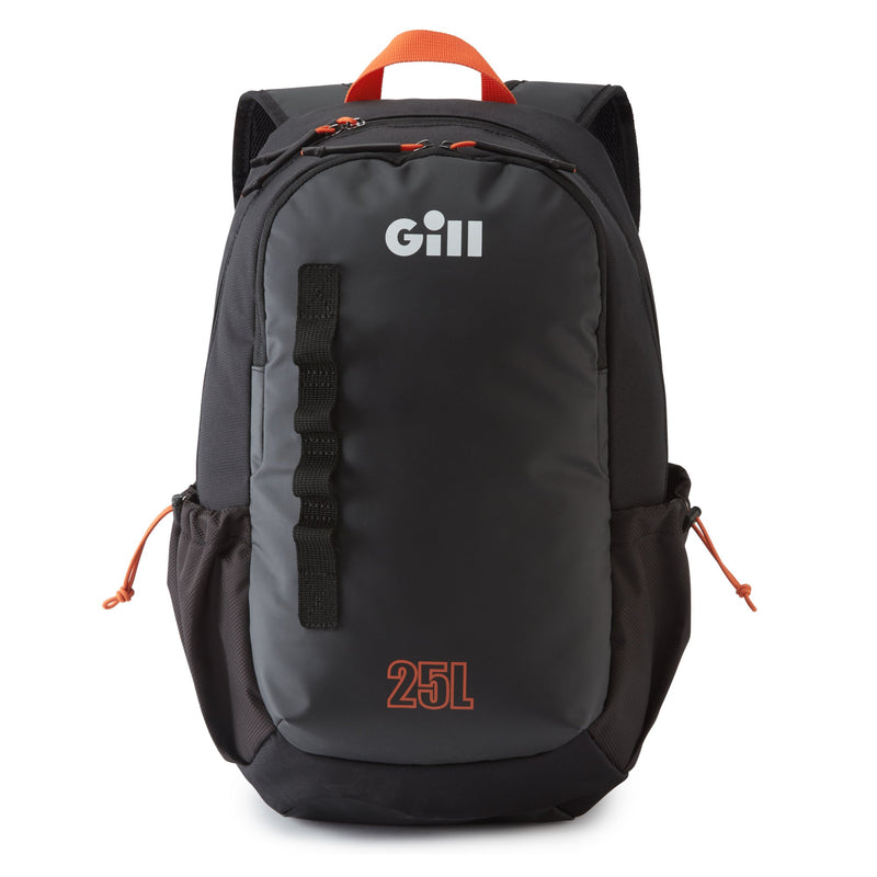 Gill Transit Backpack in black with orange accents and white Gill logo