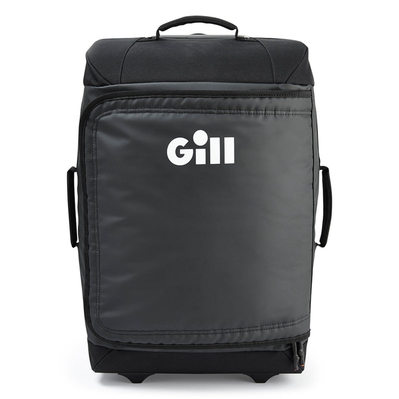 Black Gill Rolling Carry-on Bag front view with white Gill logo and handles on 3 sides