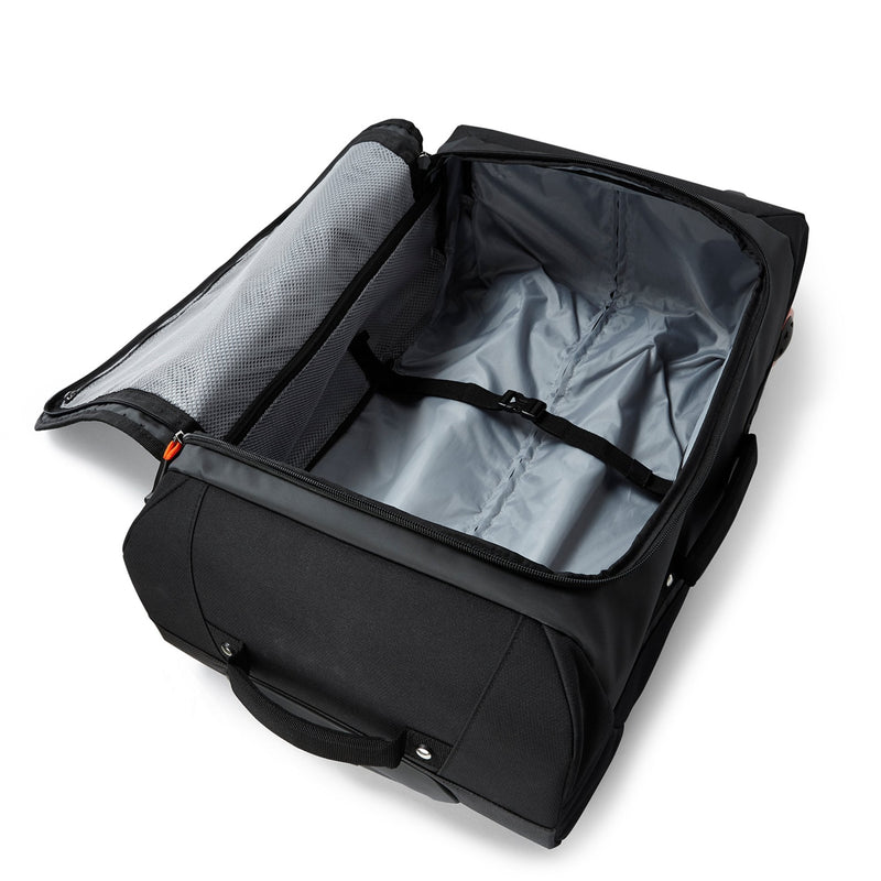 Black Gill Rolling Carry-on Bag laying down with bag unzipped
