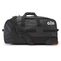 Gill rolling cargo bag black with white logo on side of bag and orange wheels