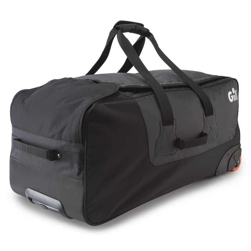 Rolling Jumbo Bag with orange wheels, retractable aluminum handle and sturdy reinforced handles and straps