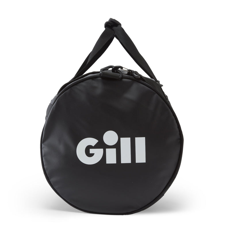 End view of barrel bag black with white Gill logo