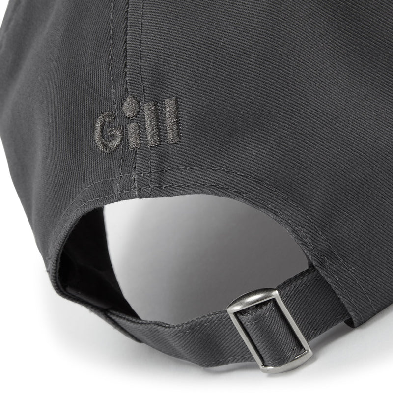 Close up of Embroidered Gill logo on back of cap and non-corrosive rear metal adjuster of graphite colored cap