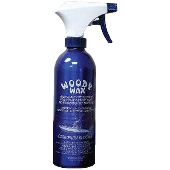 Blue spray bottle labeled 'Wood Wax' on a white background