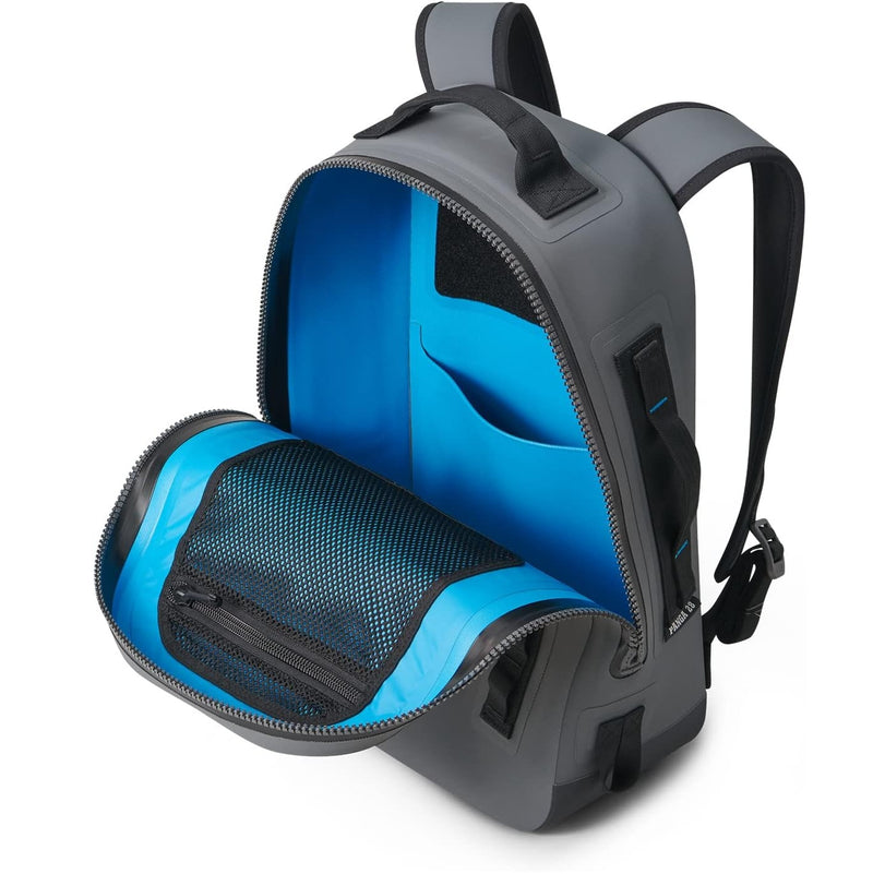 gray backpack unzipped showing blue inside liner with pockets