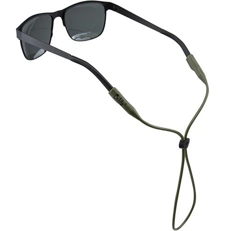 Sunglasses with a green cord on a white background