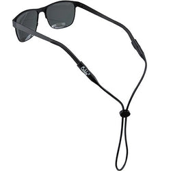 Black sunglasses with a black cord on a white background