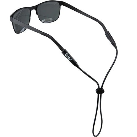Black sunglasses with a black cord on a white background