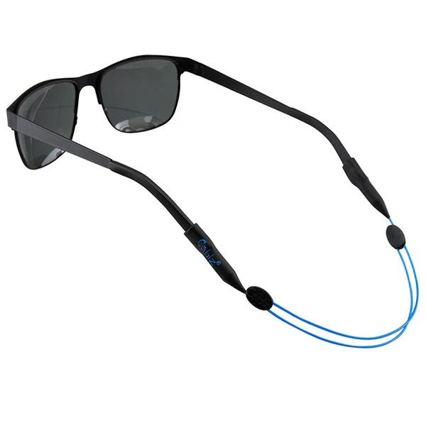 Blue Cablz retainer on black sunglasses