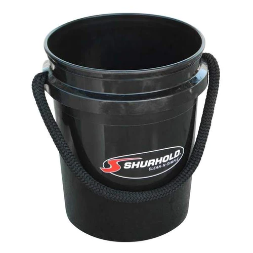 5 gallon black bucket with black rope handle and Shurhold logo on bucket