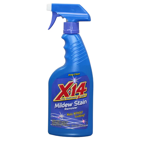 16 oz blue spray bottle of X-14 Mildew Stain Remover front view