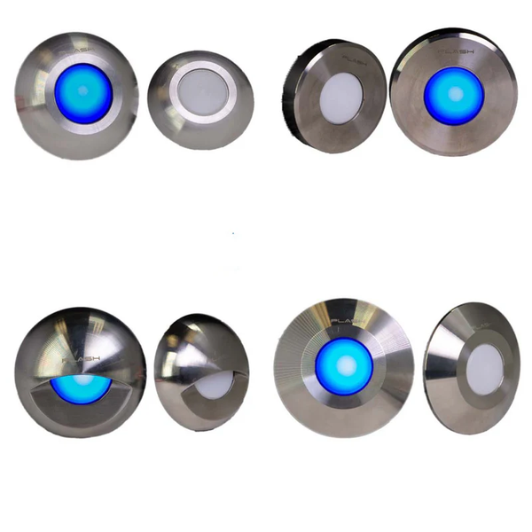 group shot of types of Gravity surface mounted Stainless Steel blue lights