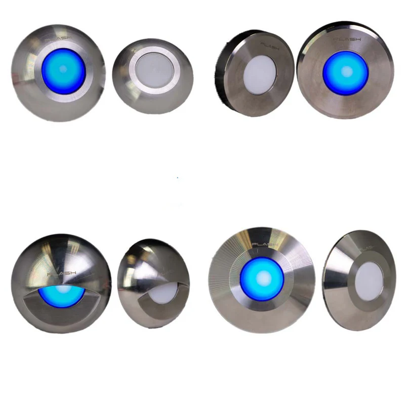 group shot of types of Gravity surface mounted Stainless Steel blue lights