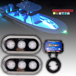 pair of lights plus controller with picture of boat lit up and feature icons