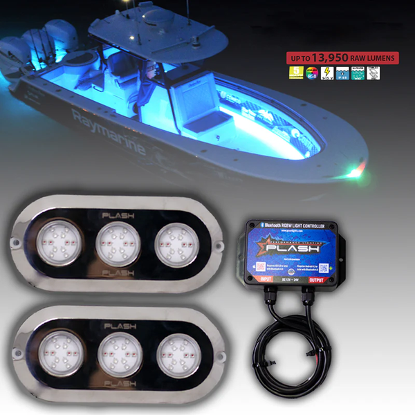 pair of lights plus controller with picture of boat lit up and feature icons