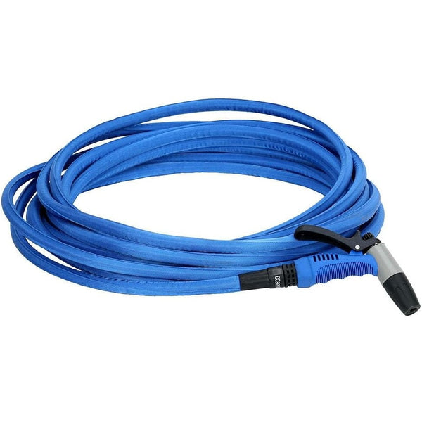 Coiled blue hose with a nozzle on a white background
