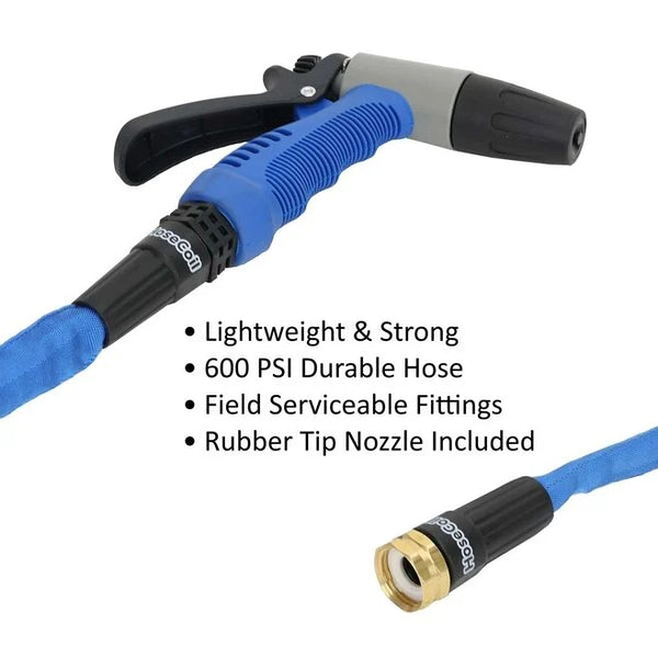 Blue and black garden hose nozzle with text highlighting features on a white background