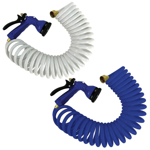 Coiled white and blue hose with spray nozzles on a white background