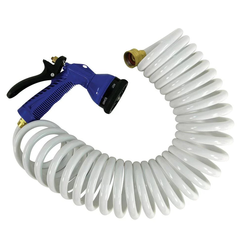 Coiled white hose with a blue and black spray nozzle on a white background