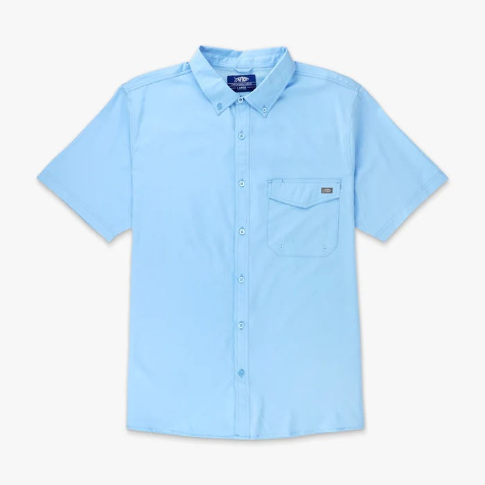 Light blue button-up shirt with a pocket on a white background