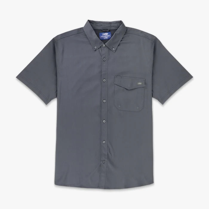charcoal gray button up shirt with pocket