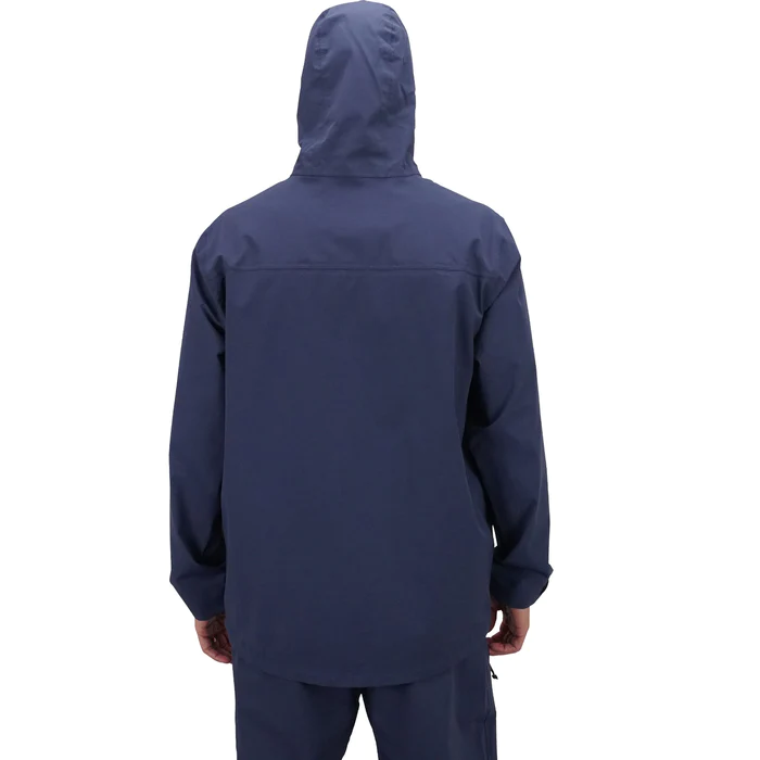 Navy jacket on model back view with hood on