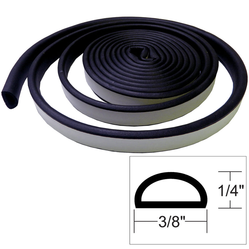 Black weather seal 10' strip coiled up with diagram of size
