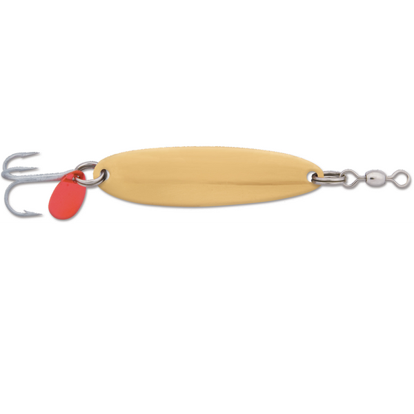 Brass spoon with treble hook, split rings, swivel and red flipper