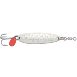 Krocodile spoon with silver flash finish, treble hook, spilt rings, swivel, and red flipper