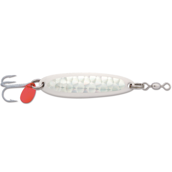 Krocodile spoon with silver flash finish, treble hook, spilt rings, swivel, and red flipper