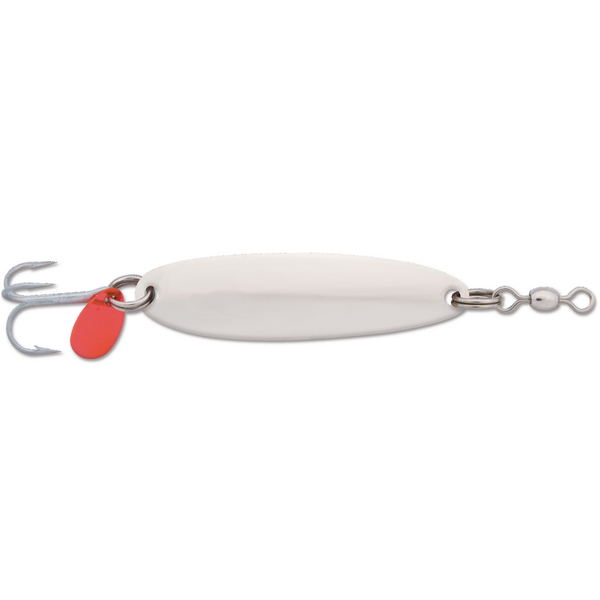 Krocodile Chrome spoon with treble hook, split rings, swivel, and red flipper