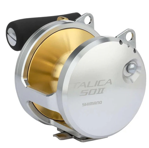 Talica 50II Fishing reel with gold and silver design on a white background