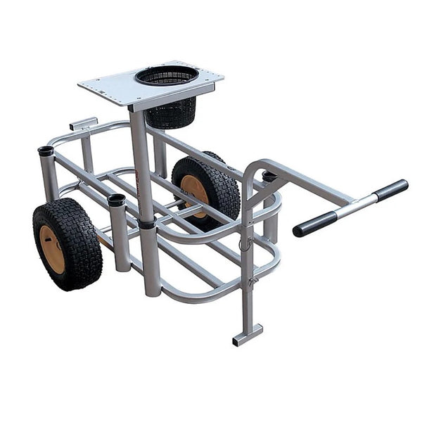 aluminum cart with 5 rod holders, cutting board and bait bucket. 2 wheels and handle