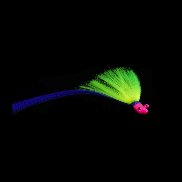 Chartreuse body, pink head, and blue tail