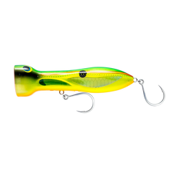 Green, red, and yellow lure with fin designs and a hook attached to the front and underbelly