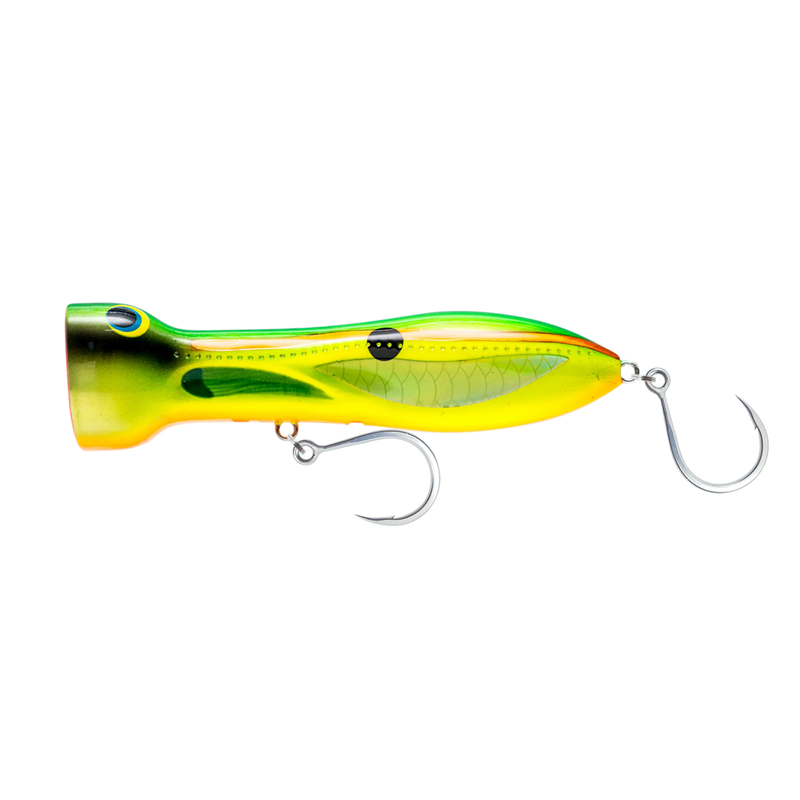 Green, red, and yellow lure with fin designs and a hook attached to the front and underbelly