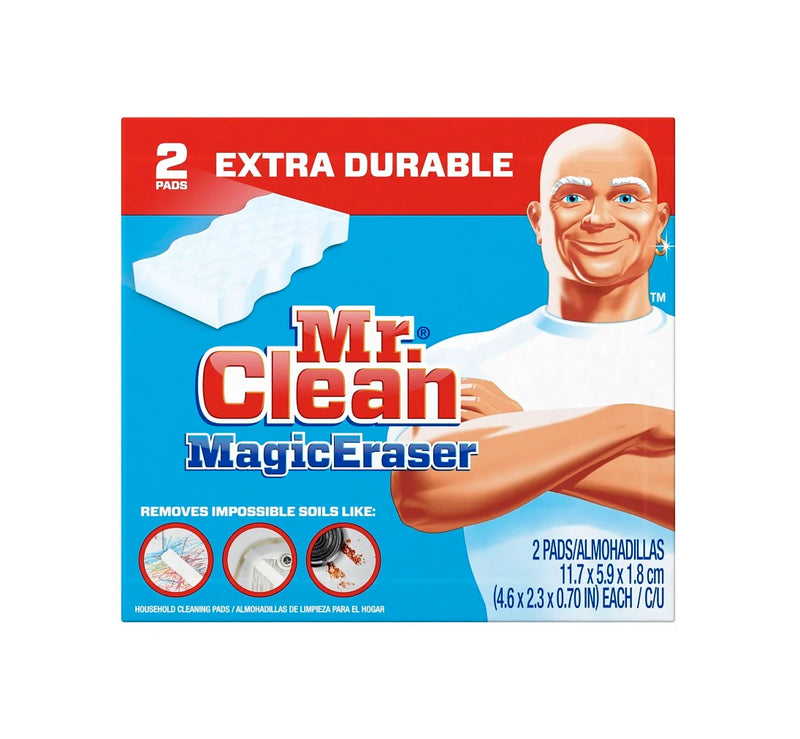 Mr. Clean Magic Eraser packaging with a cartoon character on a white background