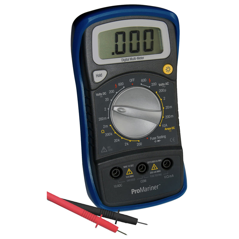 digital multimeter black with blue trim and 2 wires, one red and one black