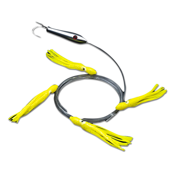 Orange Daisy Chain Trolling Rig With Bulb Squid & Bird Lures - Designed For Tuna, Marlin, And Offshore Fishing