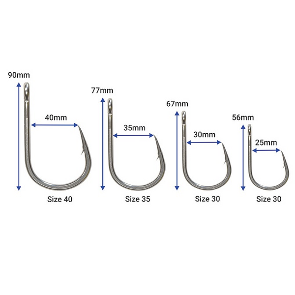 Set of fishing hooks with measurements labeled on a white background