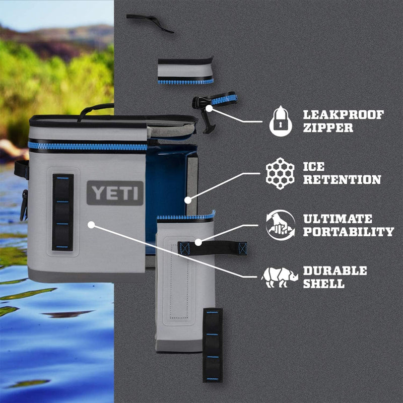 YETI cooler with features highlighted on a gray background