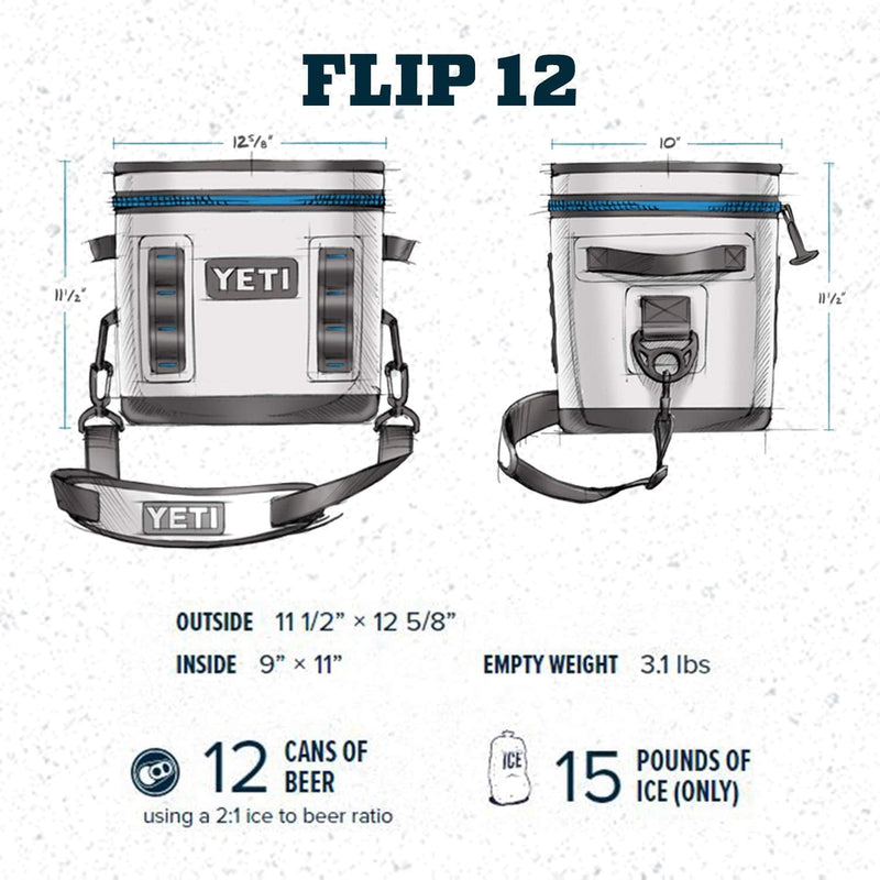 YETI Flip 12 cooler with dimensions, capacity, and weight information on a white background.
