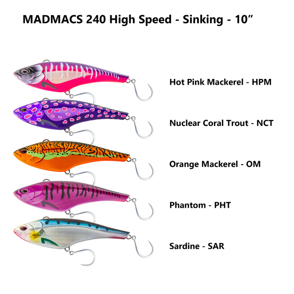 Group image of Madmacs 240 high-speed lures in various colors