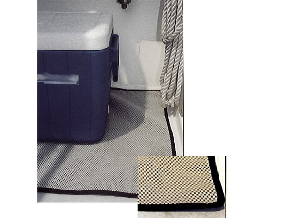 image of cooler on non-skid cooler keeper and close up of corner of mat