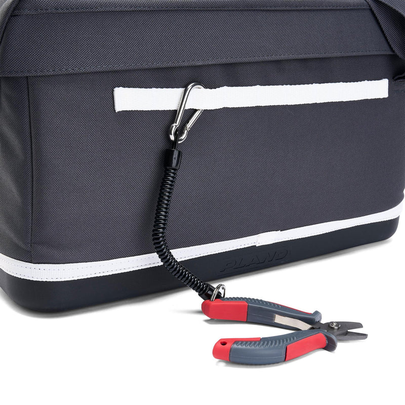 Dark gray bag with a coiled lanyard and pliers on a white background