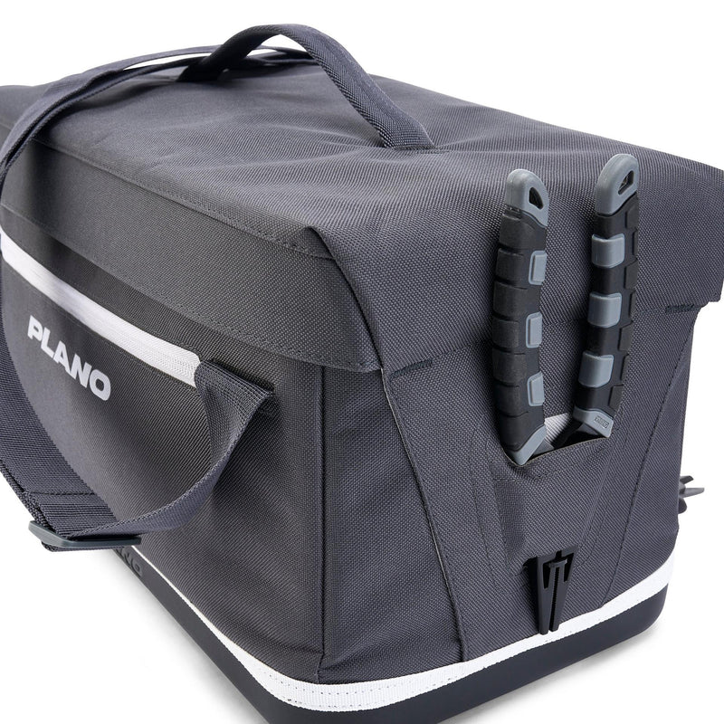 Gray fishing tackle bag with handles and a PLANO logo side view showing tool holder