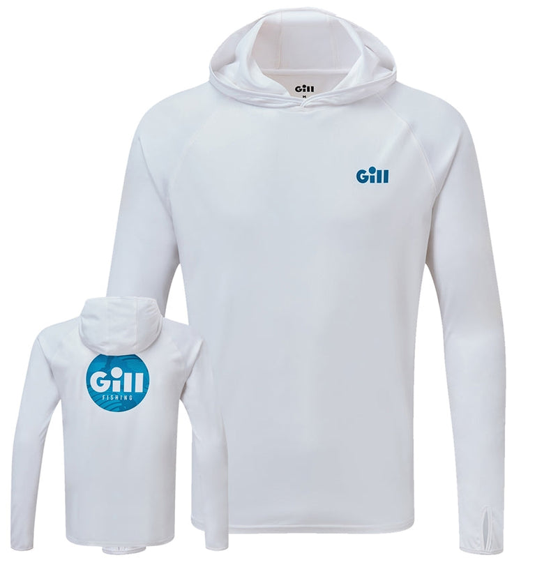 Gill XPEL Tec Hoodie in white shown front and back with Gill logo