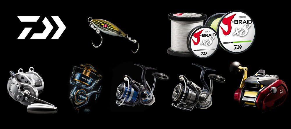 Daiwa logo and various reels, lure, and J-Braid on black background